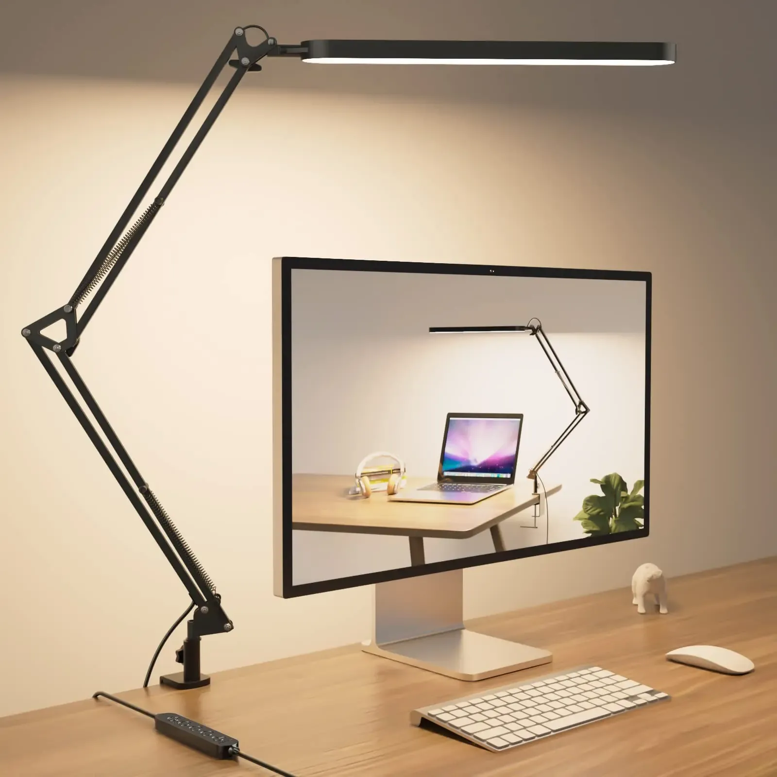 Lampe de bureau LED à bras long et pince pliable, éclairage réglable à 3 modes de couleur pour la lecture, l'étude et le travail - Image 1
