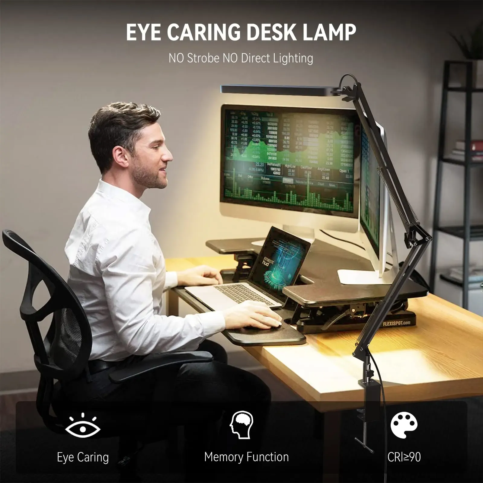 Lampe de bureau LED à bras long et pince pliable, éclairage réglable à 3 modes de couleur pour la lecture, l'étude et le travail 2