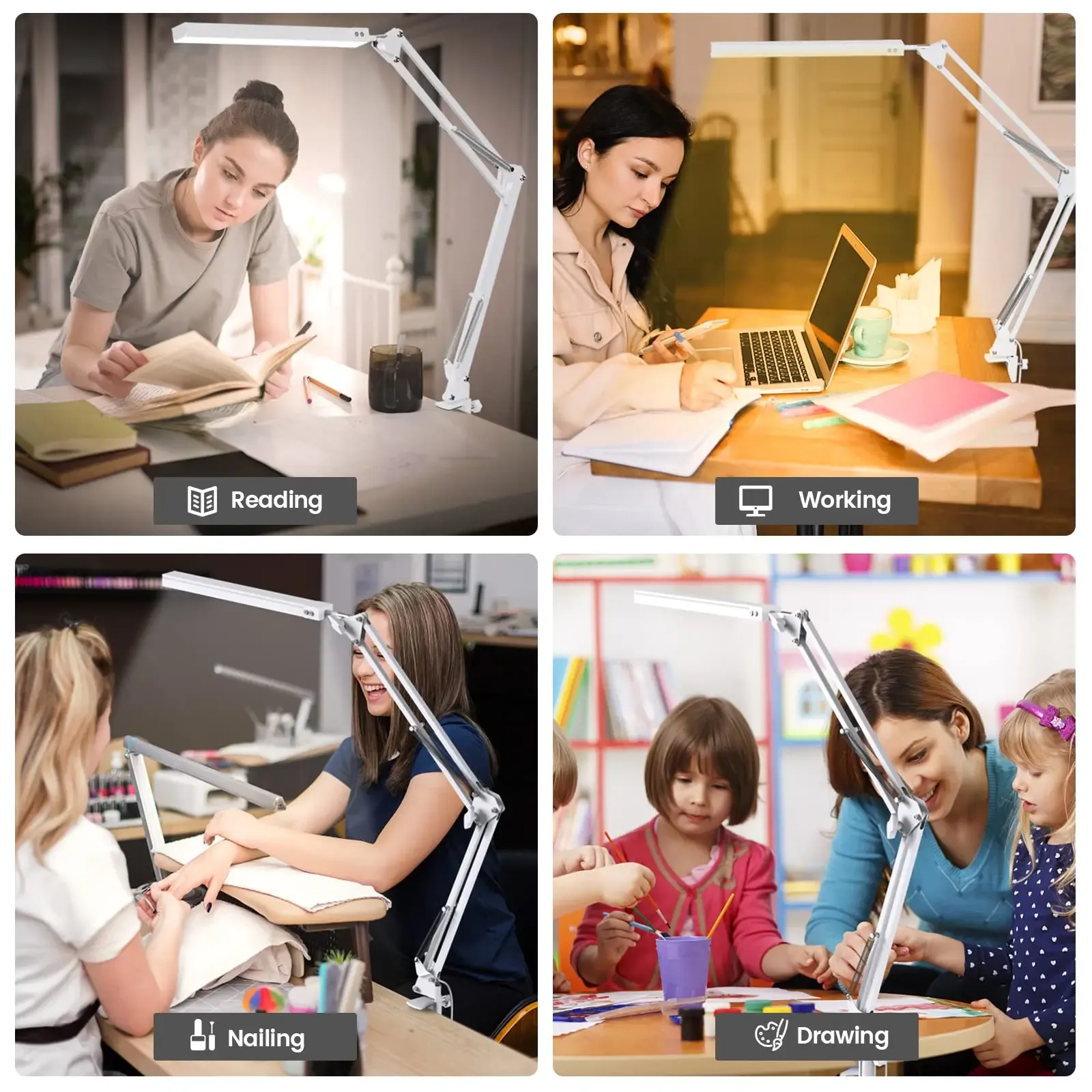 Lampe de bureau LED à bras long et pince pliable, éclairage réglable à 3 modes de couleur pour la lecture, l'étude et le travail 3