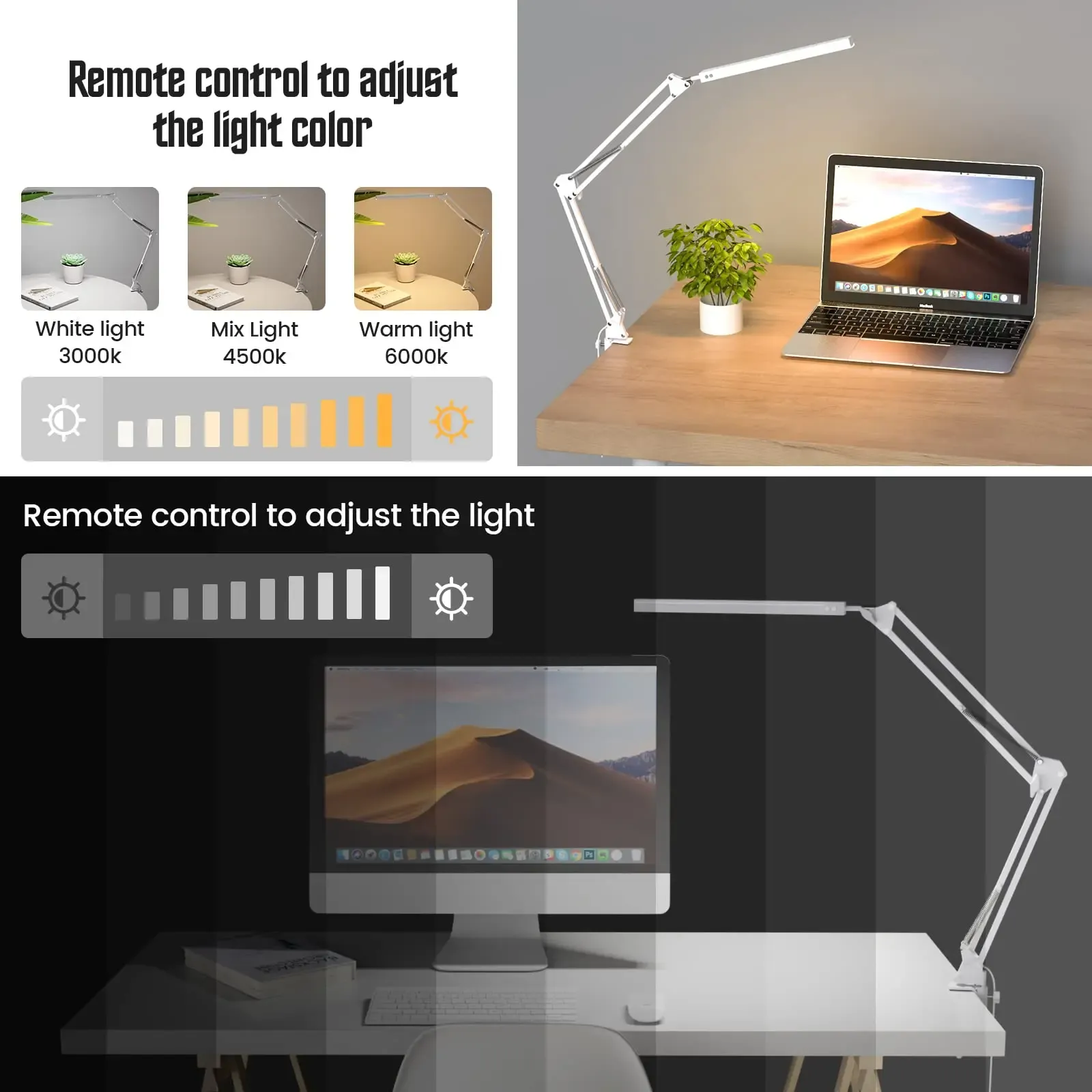 Lampe de bureau LED à bras long et pince pliable, éclairage réglable à 3 modes de couleur pour la lecture, l'étude et le travail 4