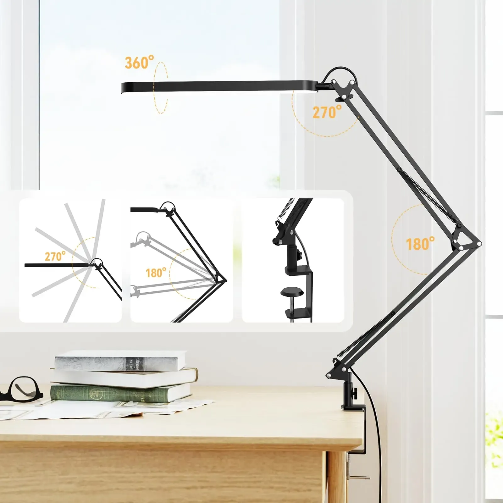 Lampe de bureau LED à bras long et pince pliable, éclairage réglable à 3 modes de couleur pour la lecture, l'étude et le travail 5