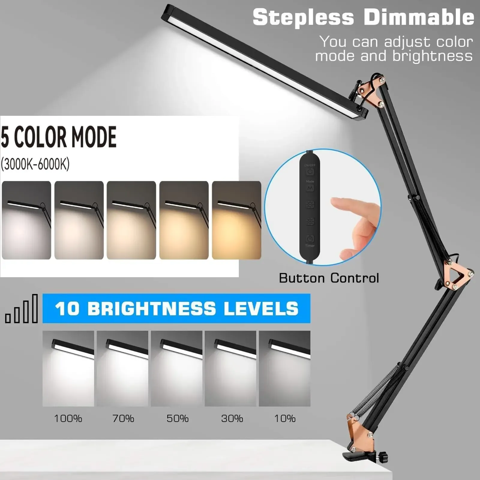 Lampe de bureau LED à bras long et pince pliable, éclairage réglable à 3 modes de couleur pour la lecture, l'étude et le travail 6