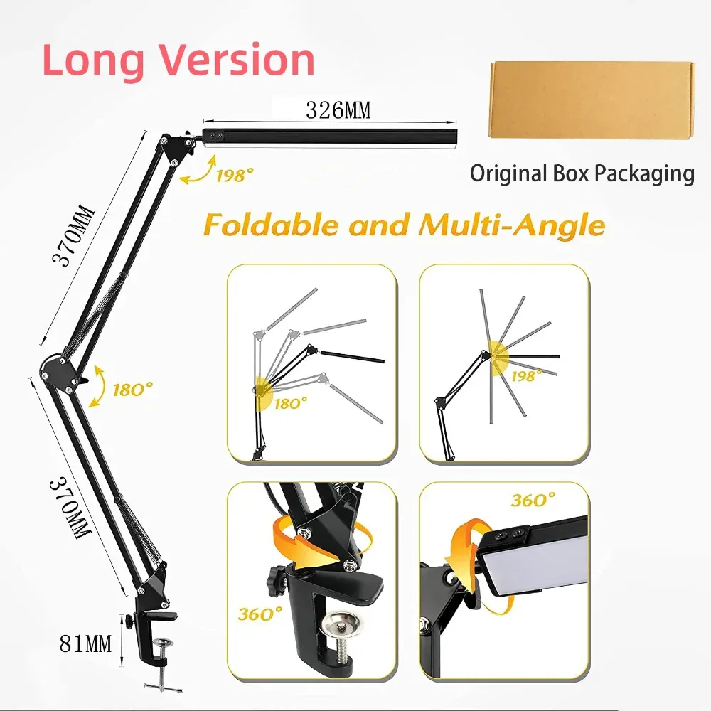 Lampe de bureau LED à bras long et pince pliable, éclairage réglable à 3 modes de couleur pour la lecture, l'étude et le travail 10