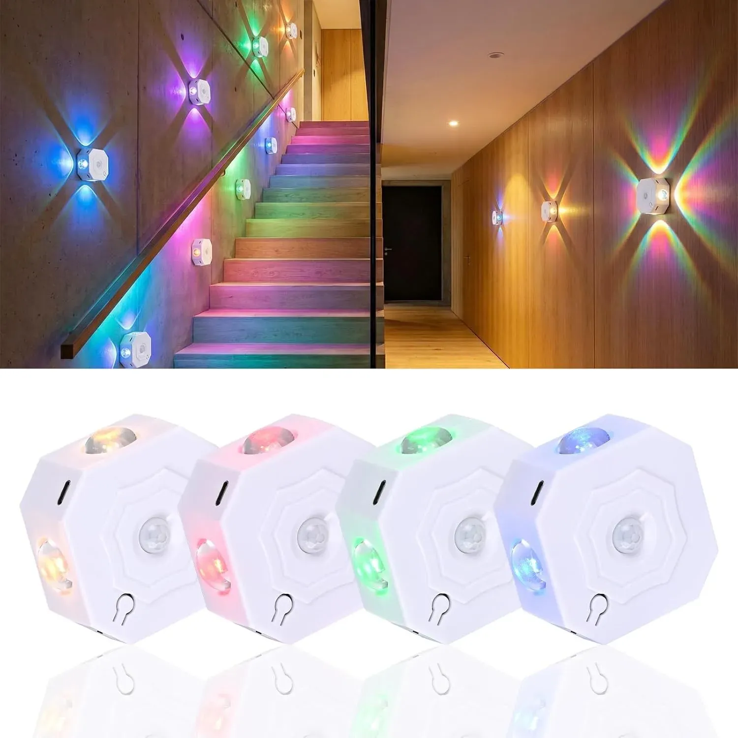 Applique murale LED à détecteur de mouvement rechargeable, veilleuse RGB 3 couleurs pour couloir, escalier et cuisine