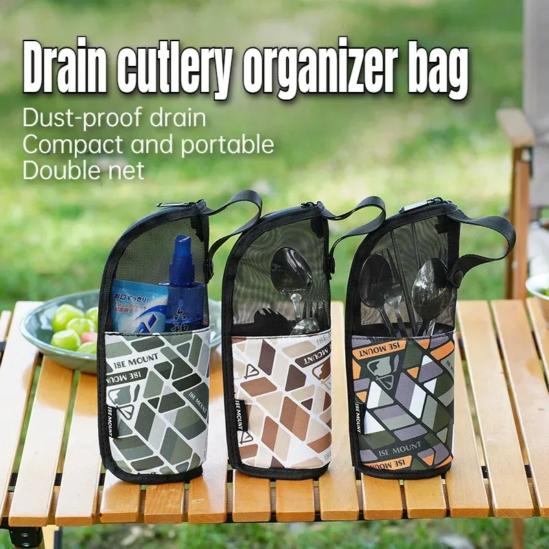 Pochette organisatrice de couverts portable pour le camping, étanche, avec trous de vidange, idéale pour la cuisine et les cosmétiques 1