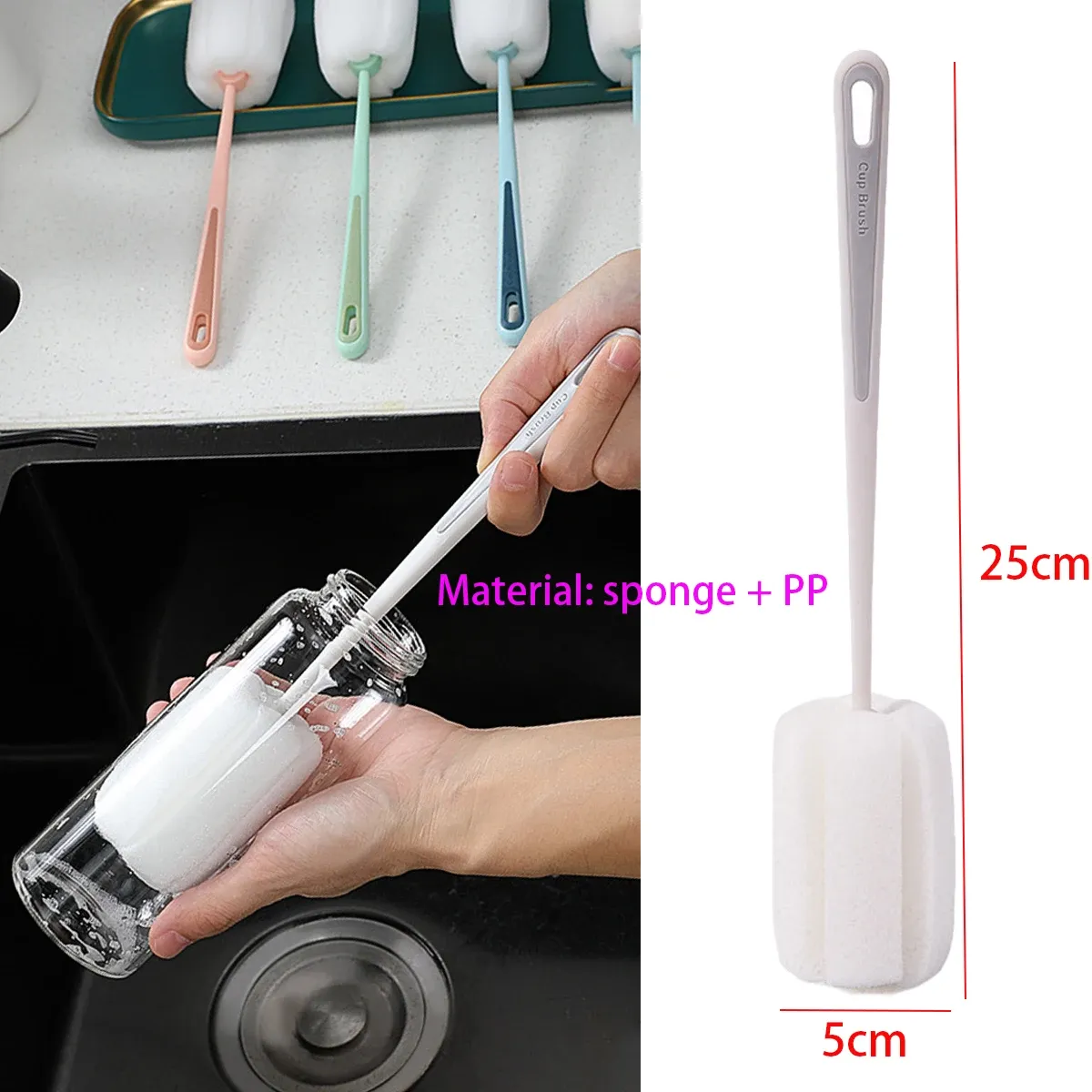 Brosse à tasse à long manche pour bouteilles en verre et tasses de cuisine, sans électricité 12