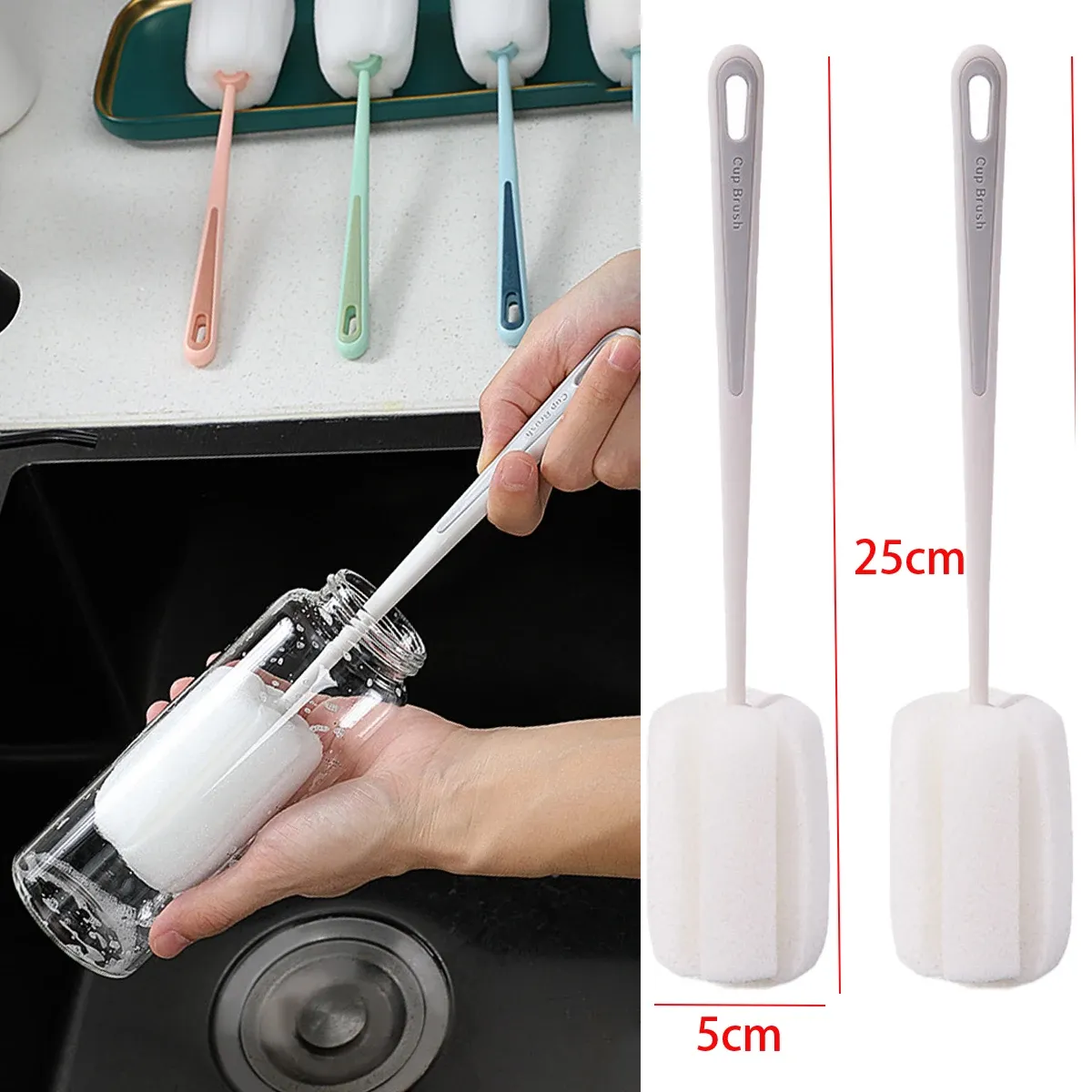 Brosse à tasse à long manche pour bouteilles en verre et tasses de cuisine, sans électricité 14