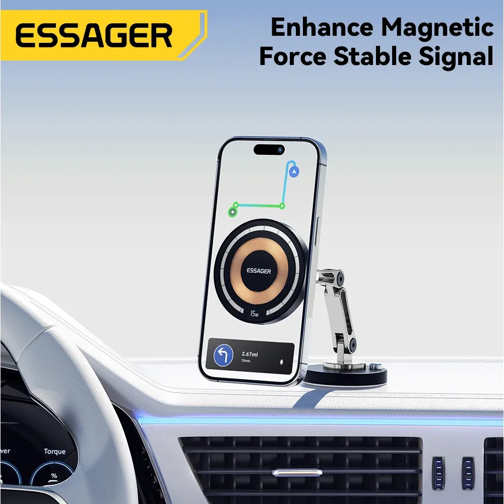 Support de téléphone magnétique sans fil pour voiture Essager, chargeur 15 W à charge rapide, fixation adhésive facile, compatible MagSafe pour iPhone 15, 14 et 13 Pro Max 4