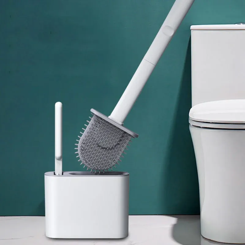 Brosse de toilette en silicone à tête plate, flexible et murale, avec support pour WC et salle de bain 3