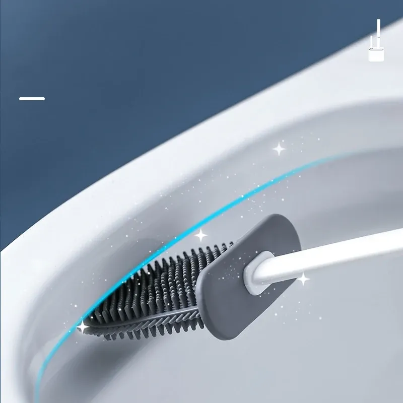 Brosse de toilette en silicone à tête plate, flexible et murale, avec support pour WC et salle de bain 2