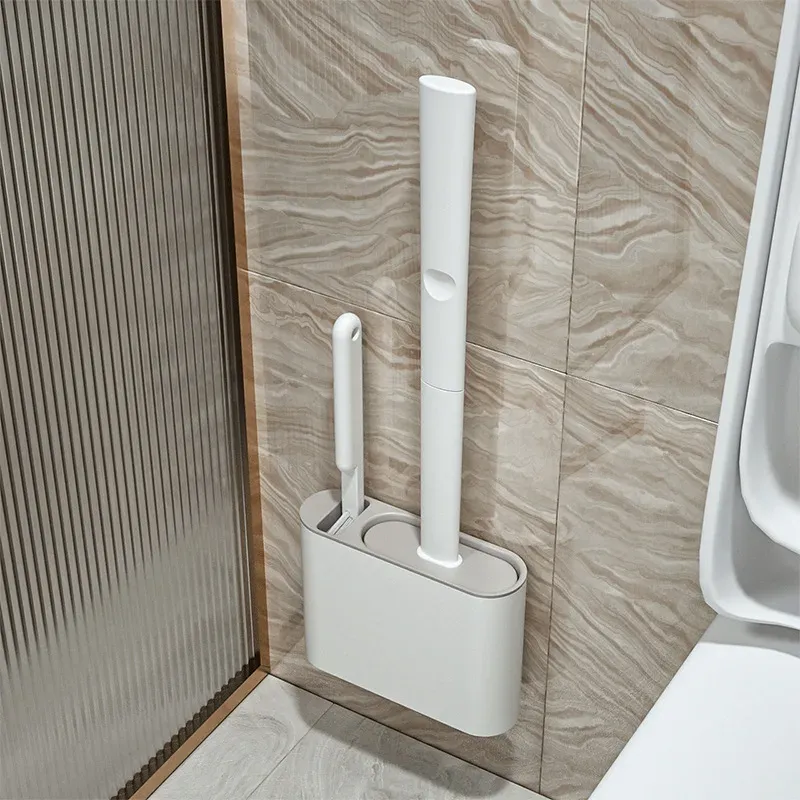 Brosse de toilette en silicone à tête plate, flexible et murale, avec support pour WC et salle de bain - Image 1