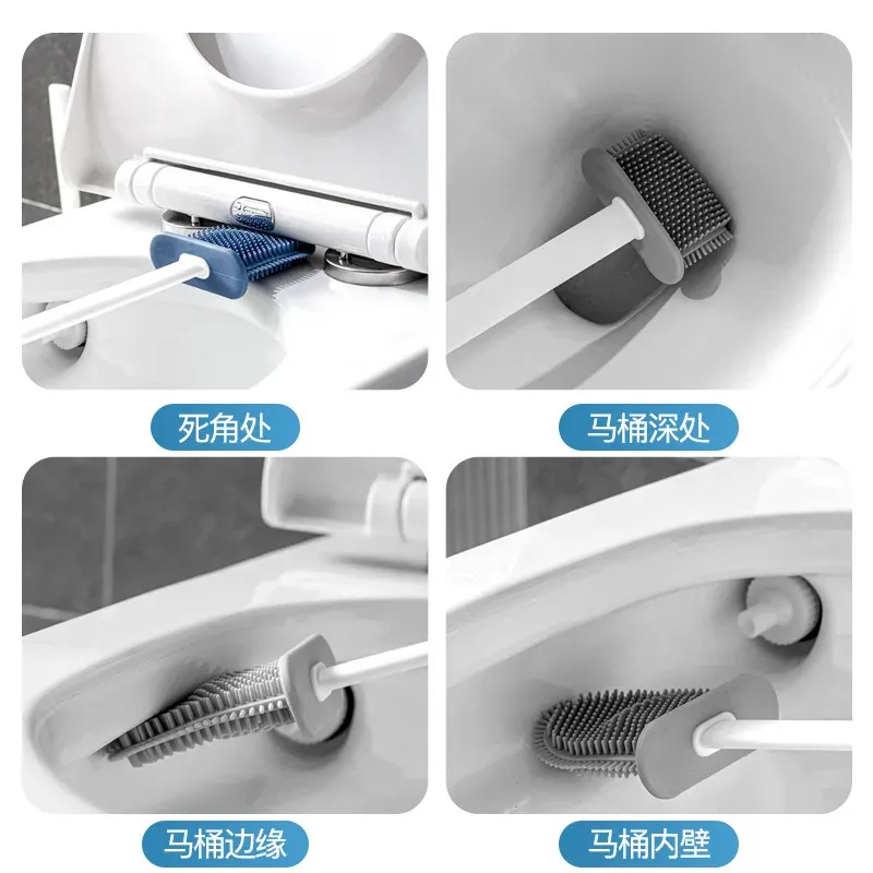 Brosse de toilette en silicone à tête plate, flexible et murale, avec support pour WC et salle de bain 5