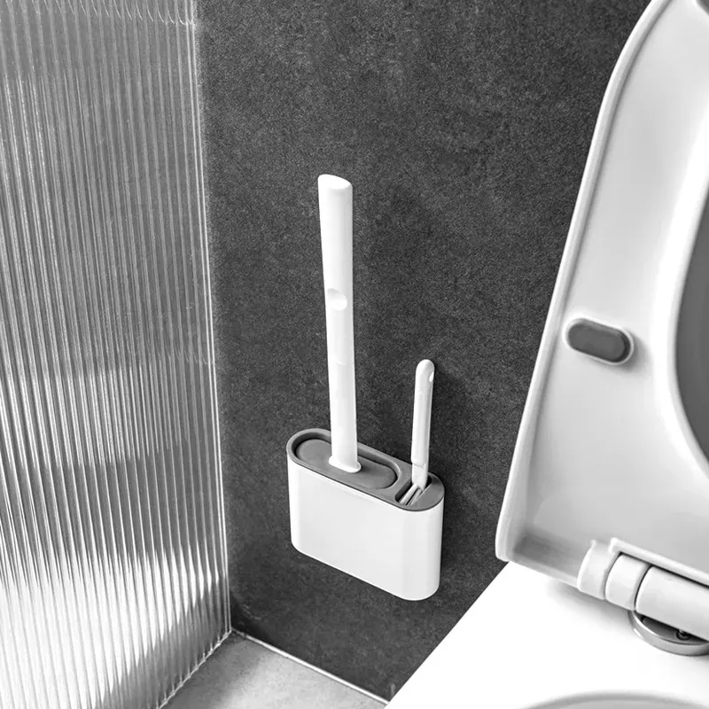 Brosse de toilette en silicone à tête plate, flexible et murale, avec support pour WC et salle de bain 6