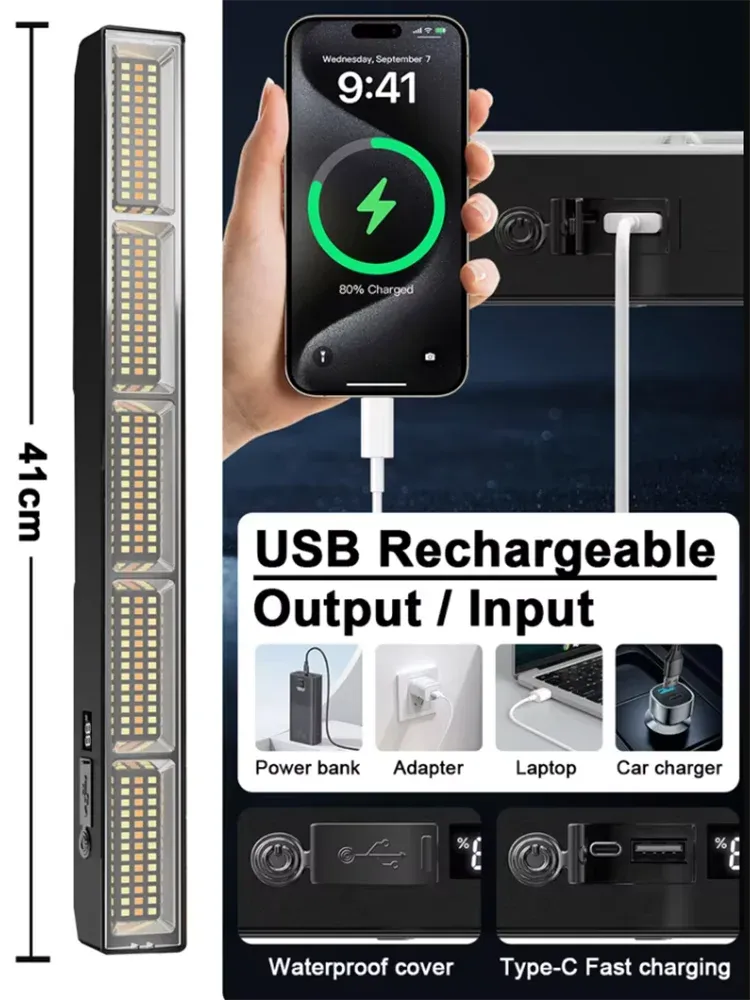 Barre lumineuse LED magnétique haute puissance, lampe de travail portable rechargeable par USB, 3 modes, étanche IP66, batterie de secours intégrée 3