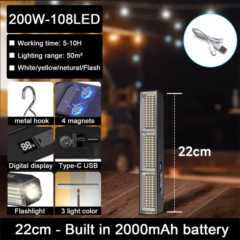 Barre lumineuse LED magnétique haute puissance, lampe de travail portable rechargeable par USB, 3 modes, étanche IP66, batterie de secours intégrée 8