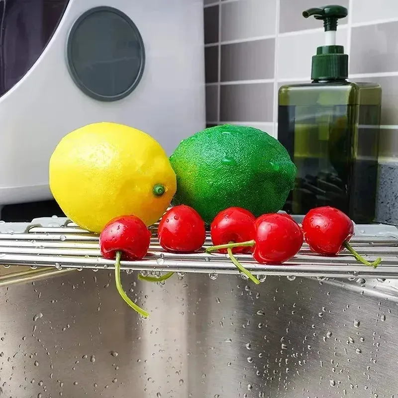 Égouttoir à vaisselle d'angle pliable en acier inoxydable, avec porte-éponge et porte-torchon 5
