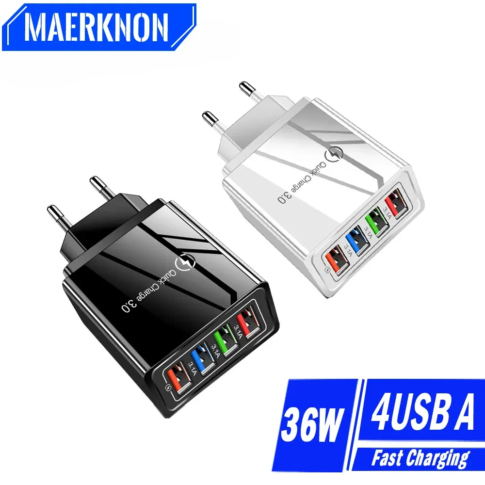Chargeur mural USB 4 ports 3,1 A à charge rapide 3.0 pour iPhone, Samsung et Xiaomi
