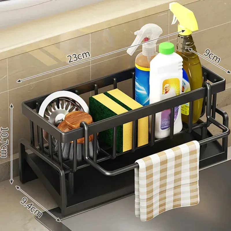 Égouttoir d'évier de cuisine multifonction en acier inoxydable, organisateur d'éponges et de produits de nettoyage 10