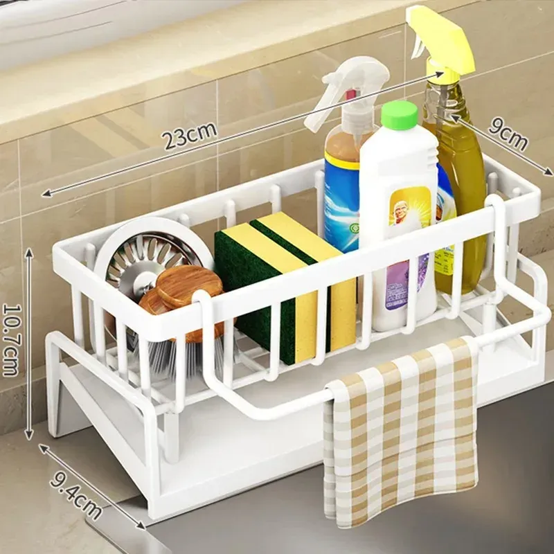 Égouttoir d'évier de cuisine multifonction en acier inoxydable, organisateur d'éponges et de produits de nettoyage 11