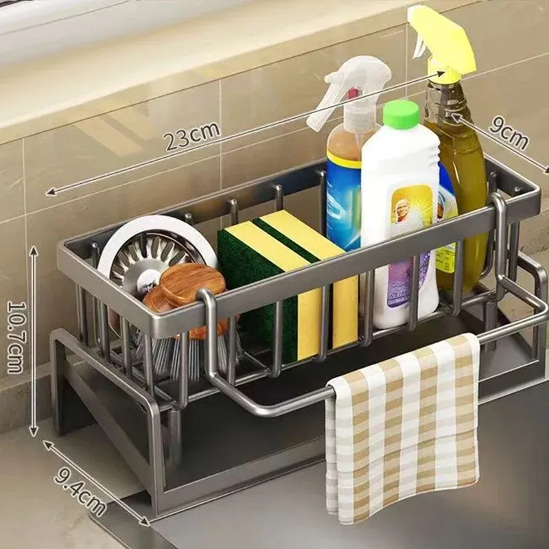 Égouttoir d'évier de cuisine multifonction en acier inoxydable, organisateur d'éponges et de produits de nettoyage 8