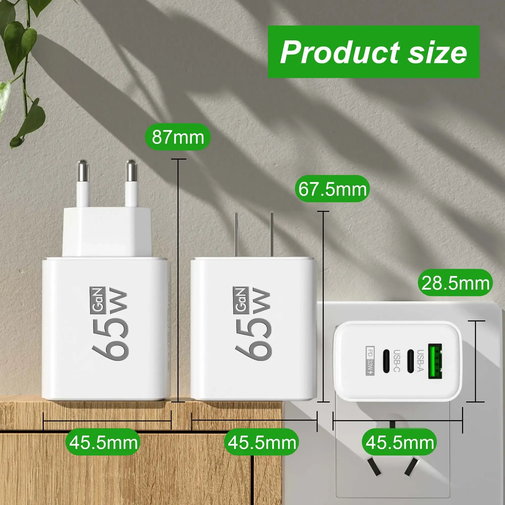 Chargeur GaN 65 W Total Type-C PD, 3 ports, charge rapide 3.0 pour iPhone, Xiaomi, Samsung et Huawei 4