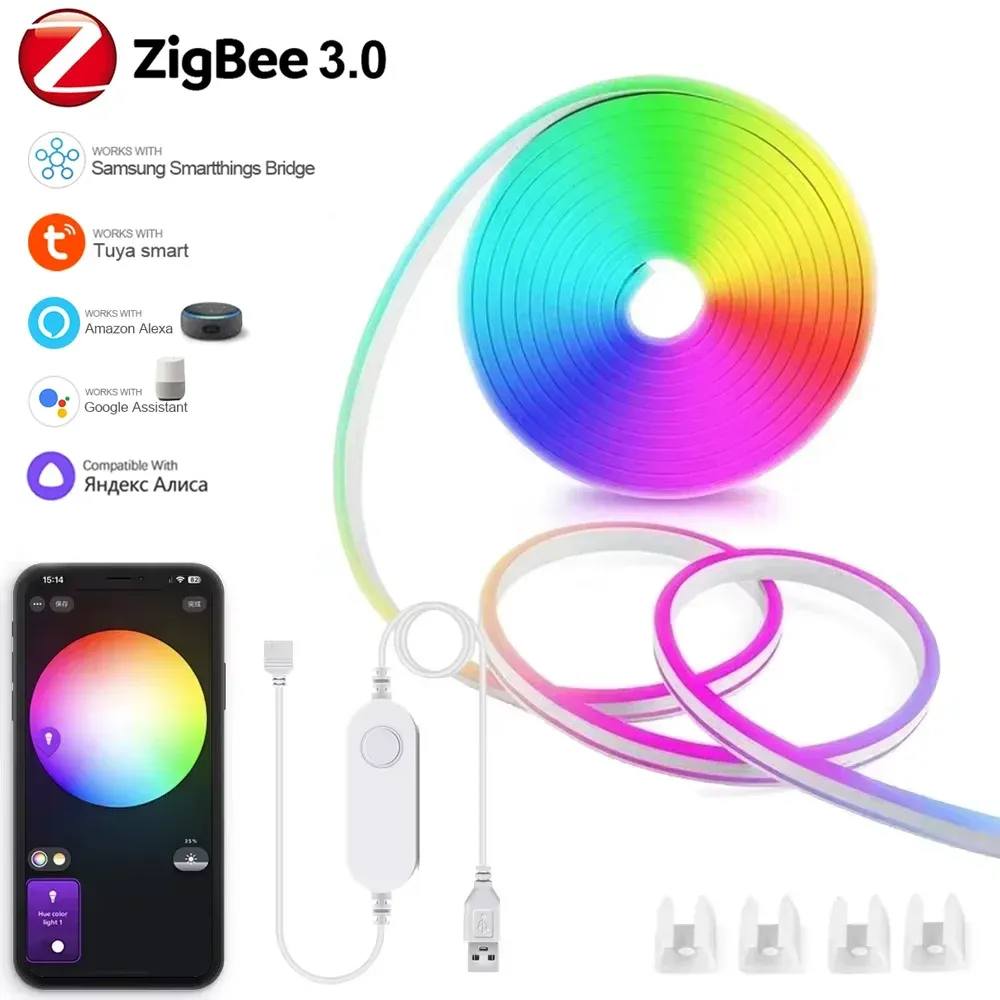Bande LED néon RGB flexible USB Zigbee 3.0 Tuya, 1 à 5 m, étanche, intensité variable, compatible Alexa