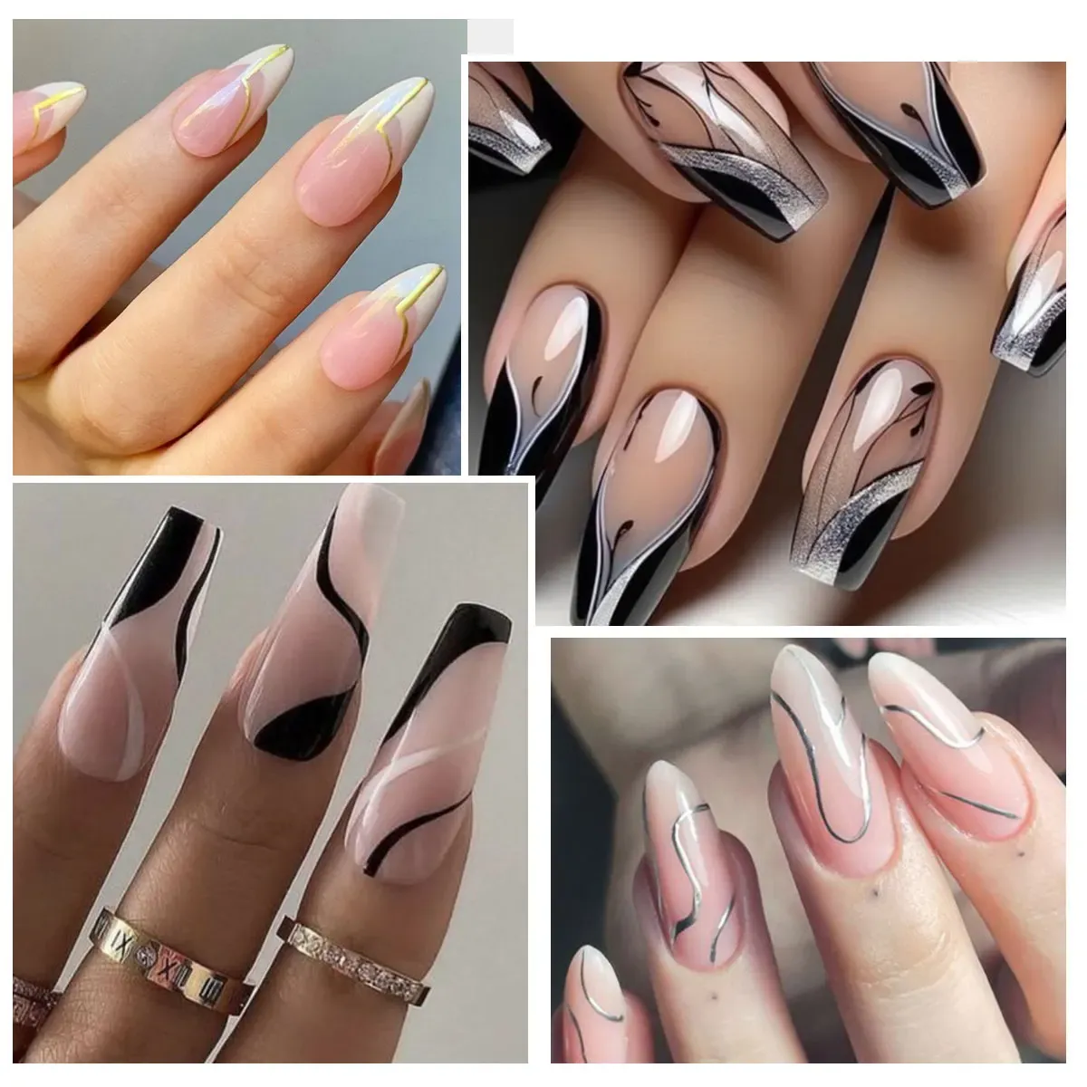 Kit de vernis gel pour ongles 4 pièces : noir, blanc, or et argent 3