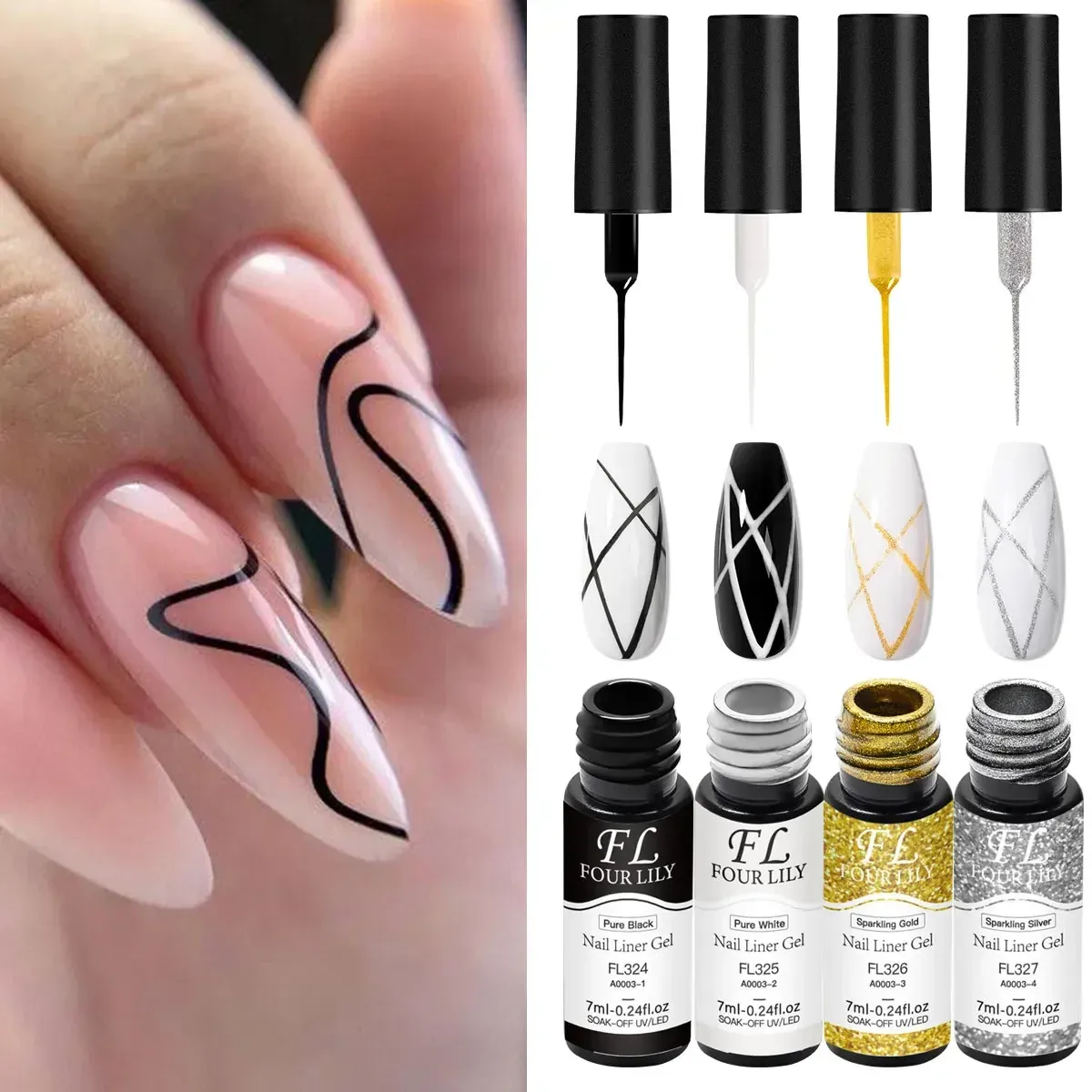 Kit de vernis gel pour ongles 4 pièces : noir, blanc, or et argent 7
