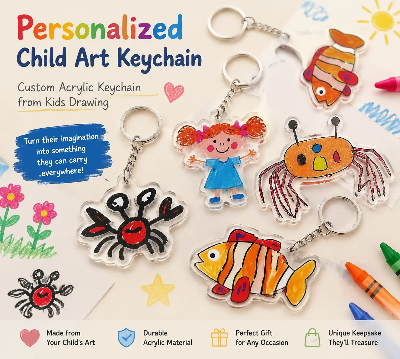 Porte-clés de dessin personnalisé pour enfants, présentation du produit