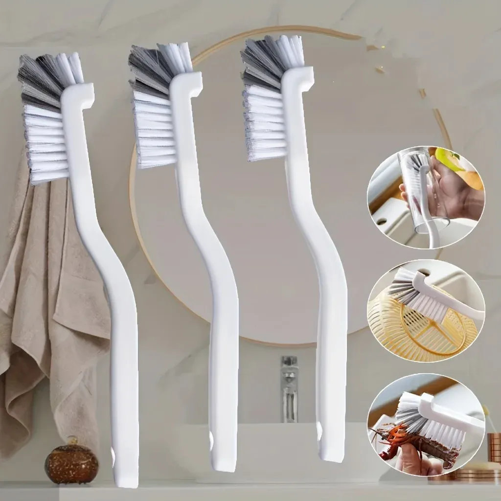 Brosse de nettoyage à long manche et poils rigides pour vaisselle, évier, rail de fenêtre et angles, lot de 1 ou 3 pièces - Image 1
