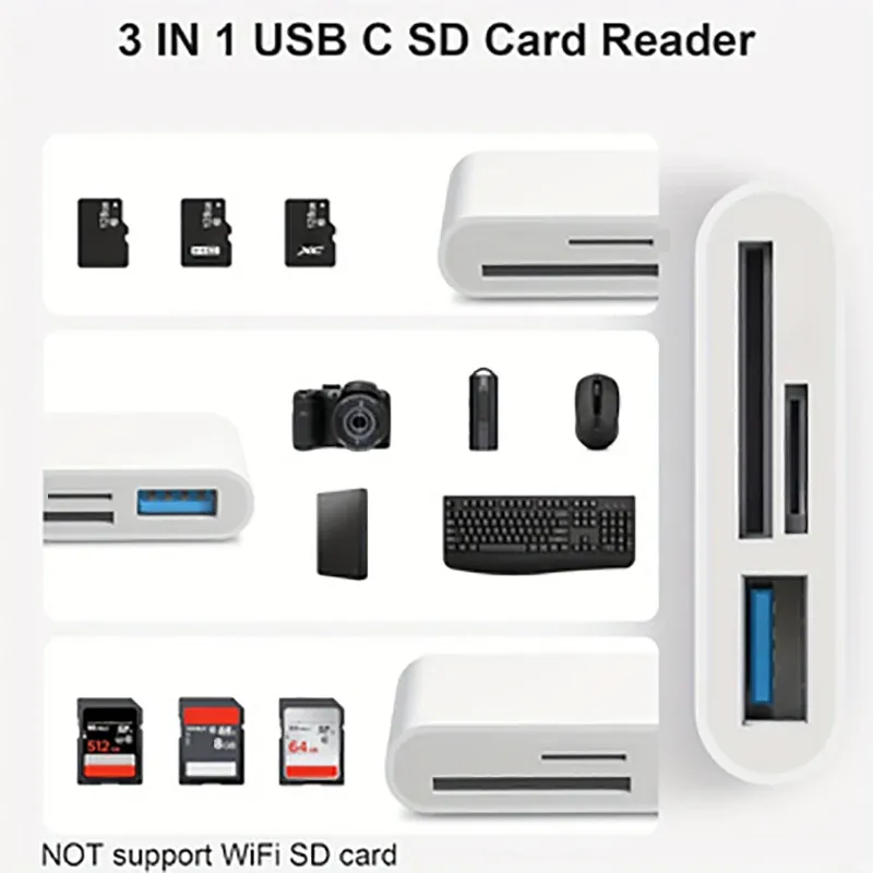 Lecteur de carte mémoire USB-C vers SD/TF 3 en 1, compatible avec iPhone 15 Pro, iPad, Mac, MacBook, ordinateurs portables Android et PC 2