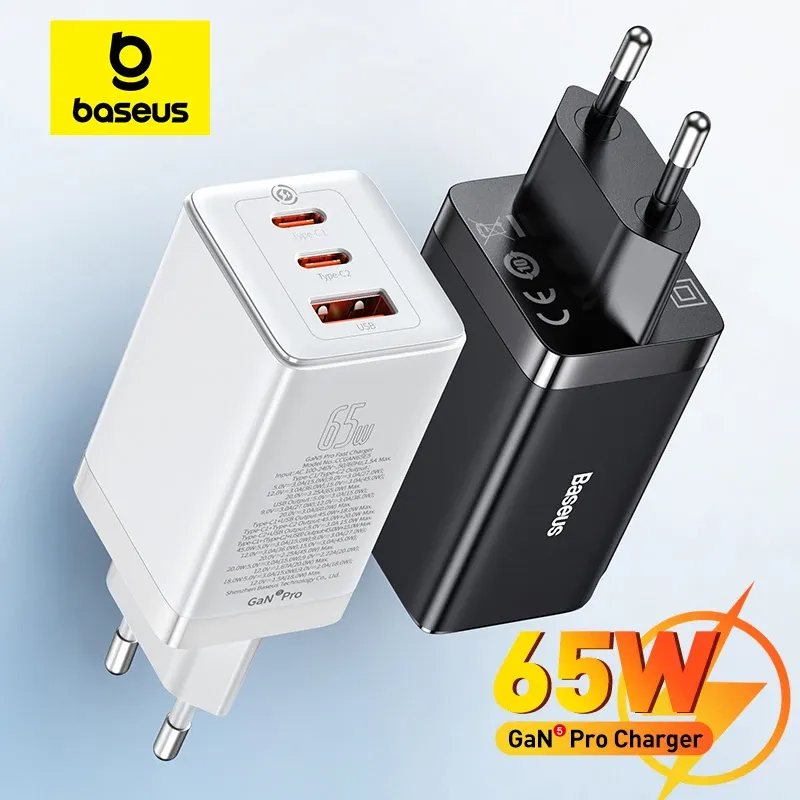Chargeur rapide GaN 65W Baseus, USB-C PD et QC, compact et portable, compatible ordinateur portable et iPhone 17, 16, 15, 14, 13 Pro
