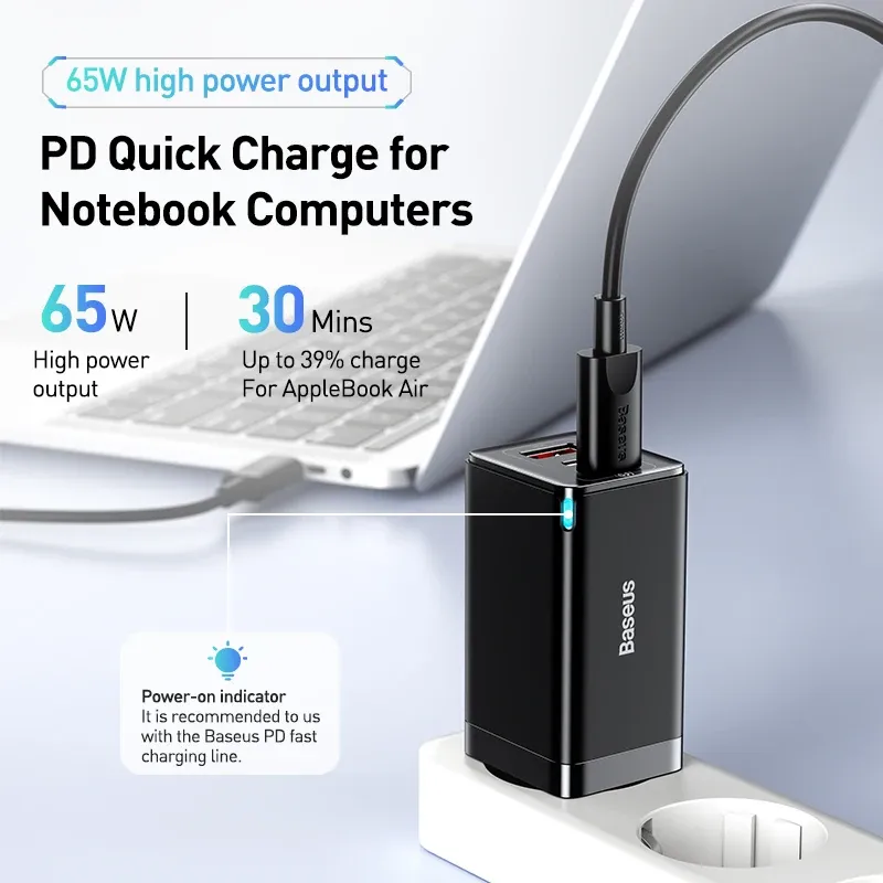 Chargeur rapide GaN 65W Baseus, USB-C PD et QC, compact et portable, compatible ordinateur portable et iPhone 17, 16, 15, 14, 13 Pro 2