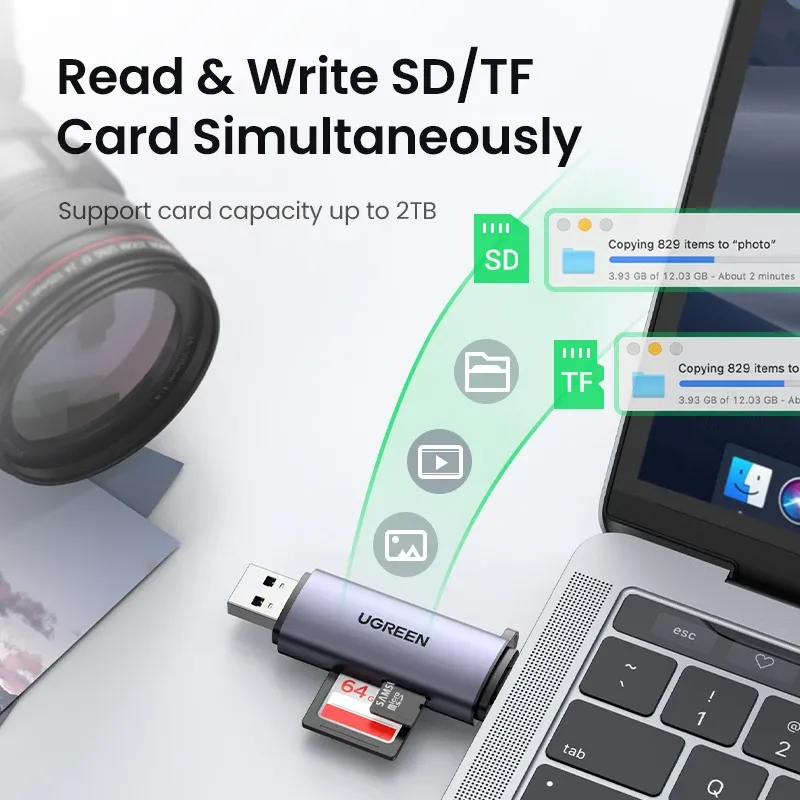 Lecteur de cartes mémoire intelligent UGREEN USB 3.0, USB-C vers SD, microSD, TF, Thunderbolt 3, accessoire pour ordinateur portable 4