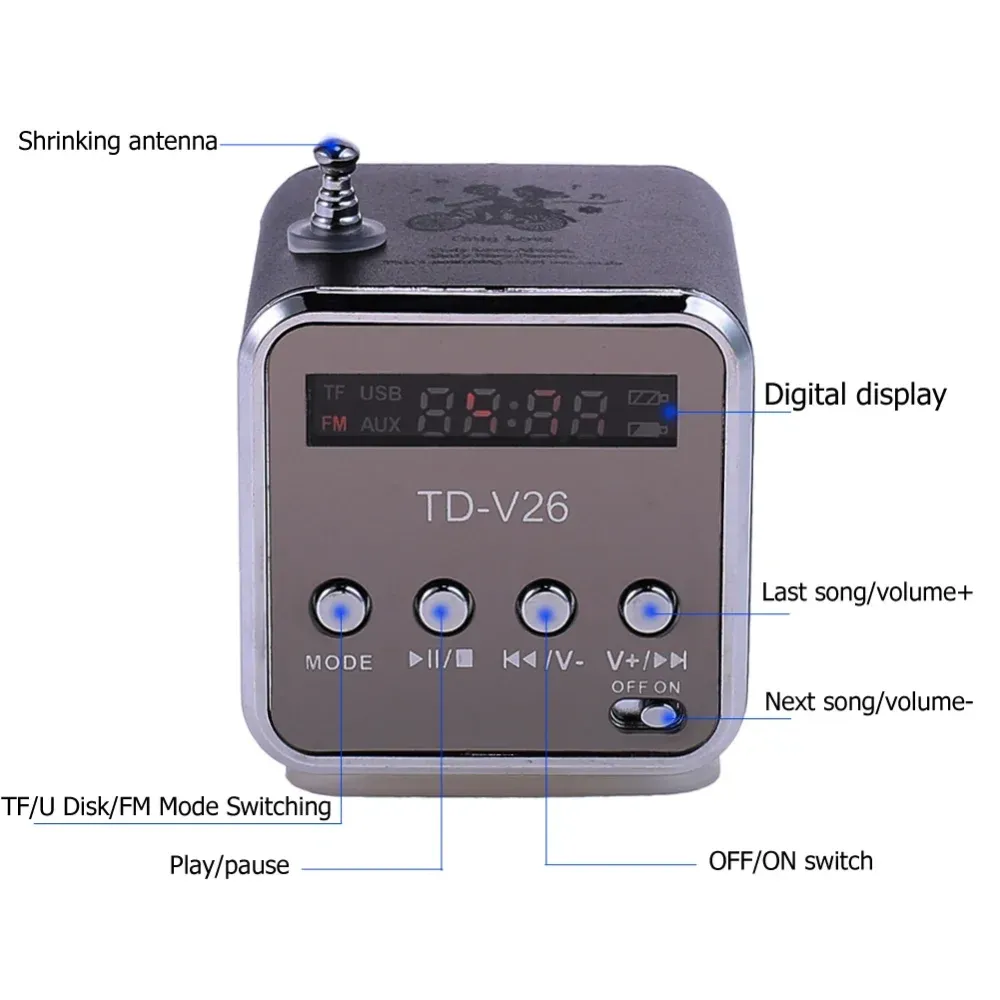 Mini haut-parleur Bluetooth portable TD-V26 avec écran, radio FM, lecteur MP3 et prise en charge des cartes TF pour téléphone portable 4