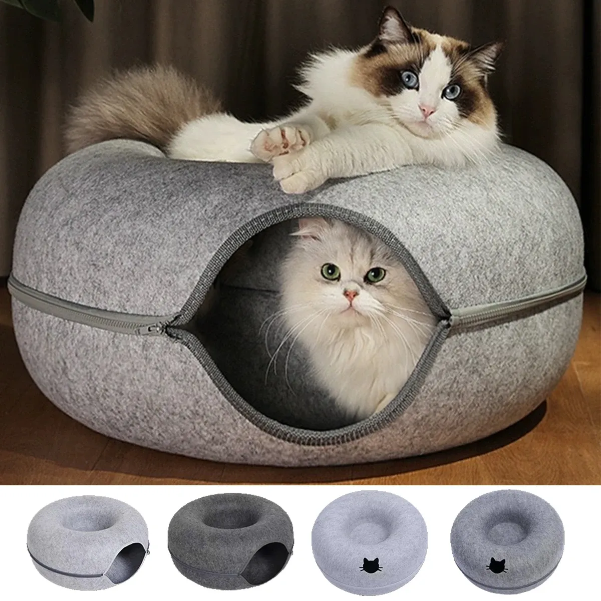Tunnel rond interactif en feutre pour petits chats, lit pour chatons avec griffoir, jouet pour animaux de compagnie 2