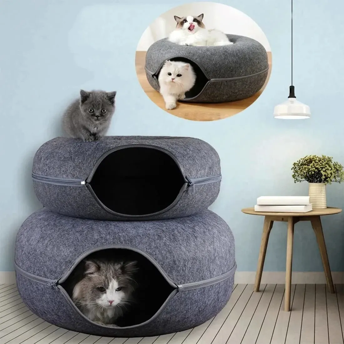 Tunnel rond interactif en feutre pour petits chats, lit pour chatons avec griffoir, jouet pour animaux de compagnie 4