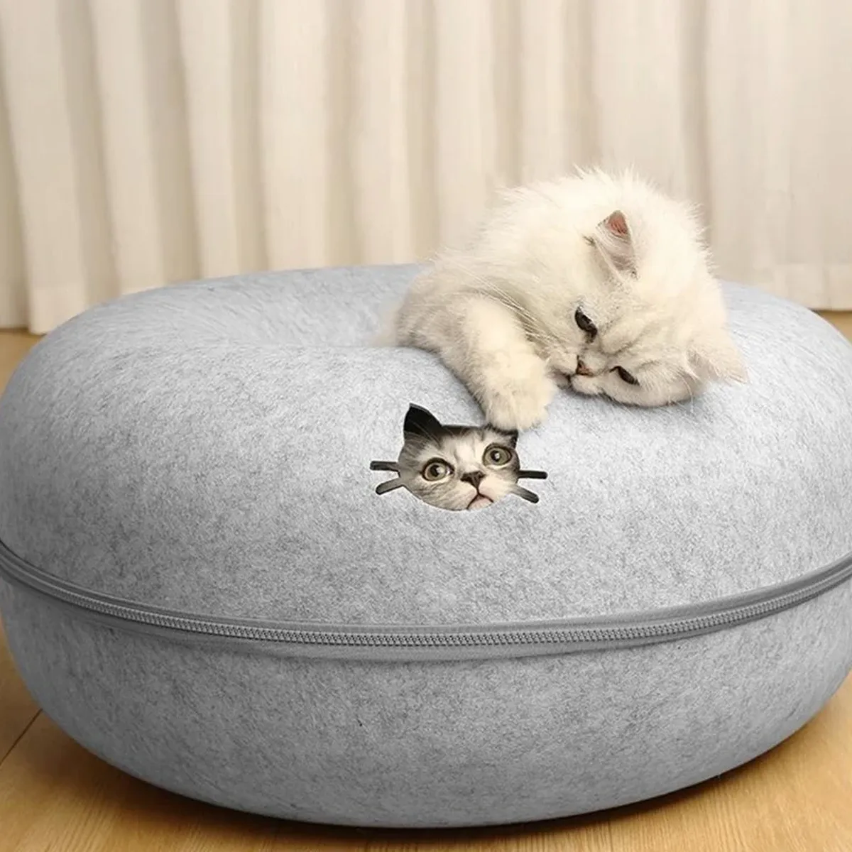Nid tunnel en feutre pour chat, chat qui se repose