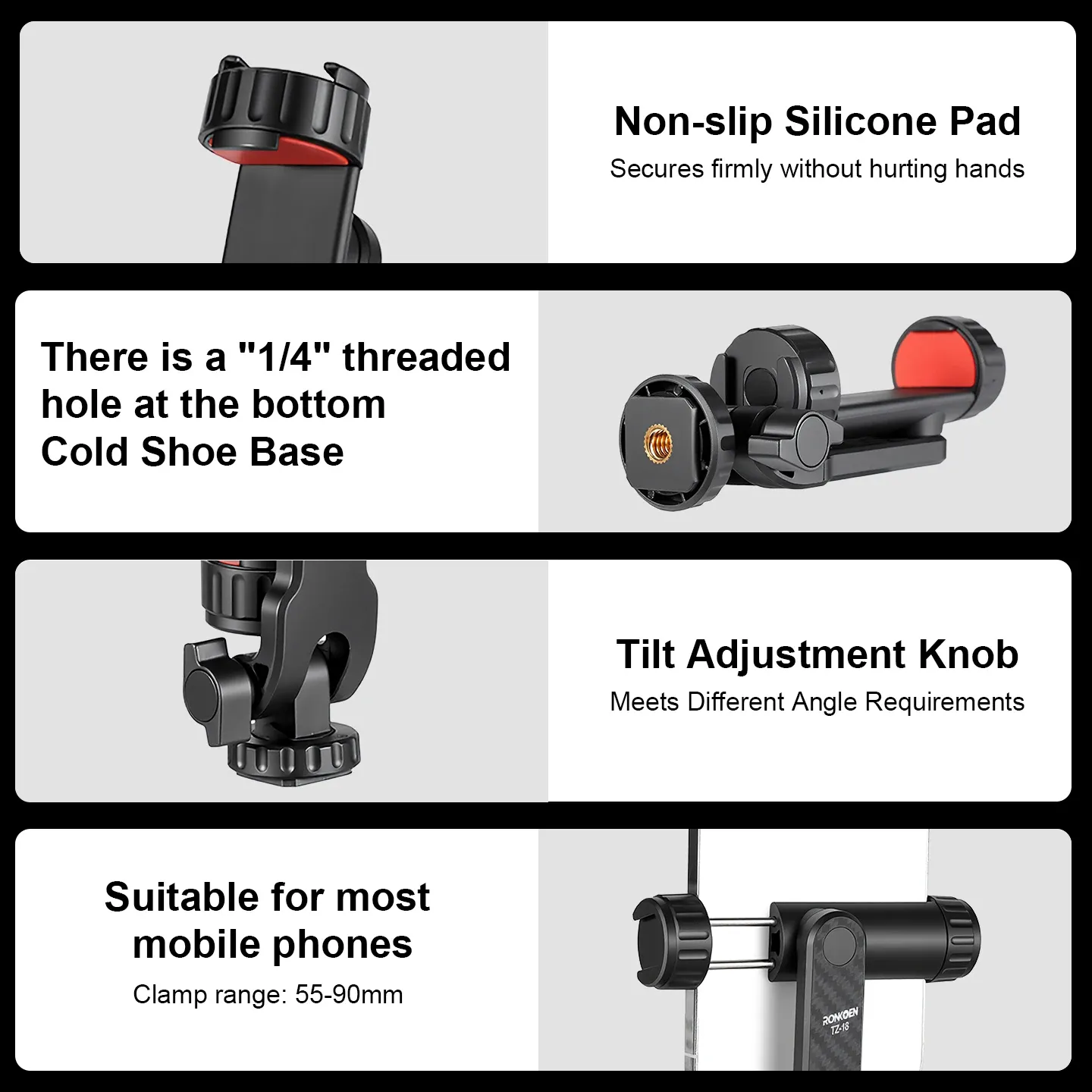 Ronkoen TZ-18 Pince de fixation pour téléphone portable universelle, rotation 360°, compatible Samsung, iPhone et Xiaomi, adaptateur de montage sur trépied à vis 1/4" 4