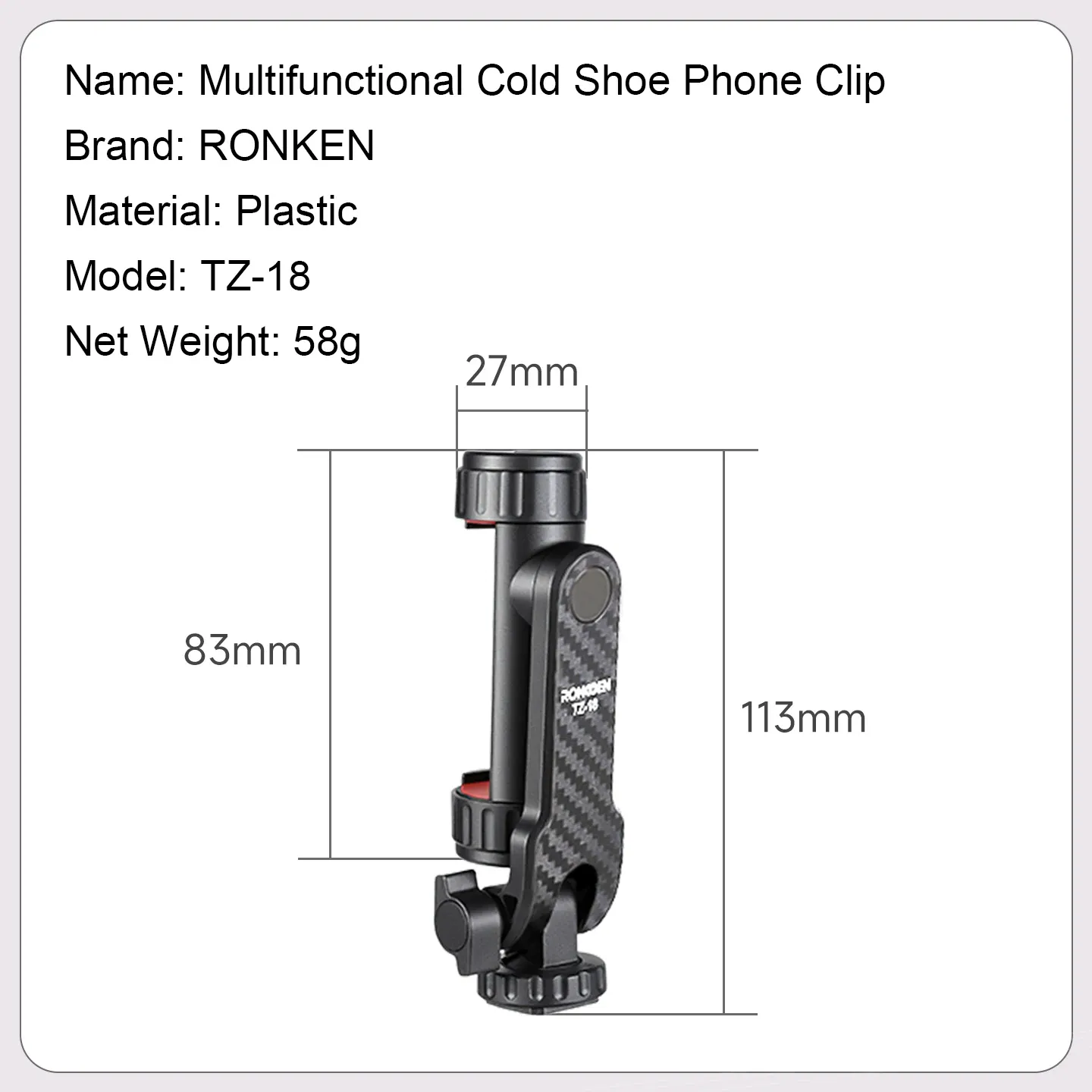 Ronkoen TZ-18 Pince de fixation pour téléphone portable universelle, rotation 360°, compatible Samsung, iPhone et Xiaomi, adaptateur de montage sur trépied à vis 1/4" 5