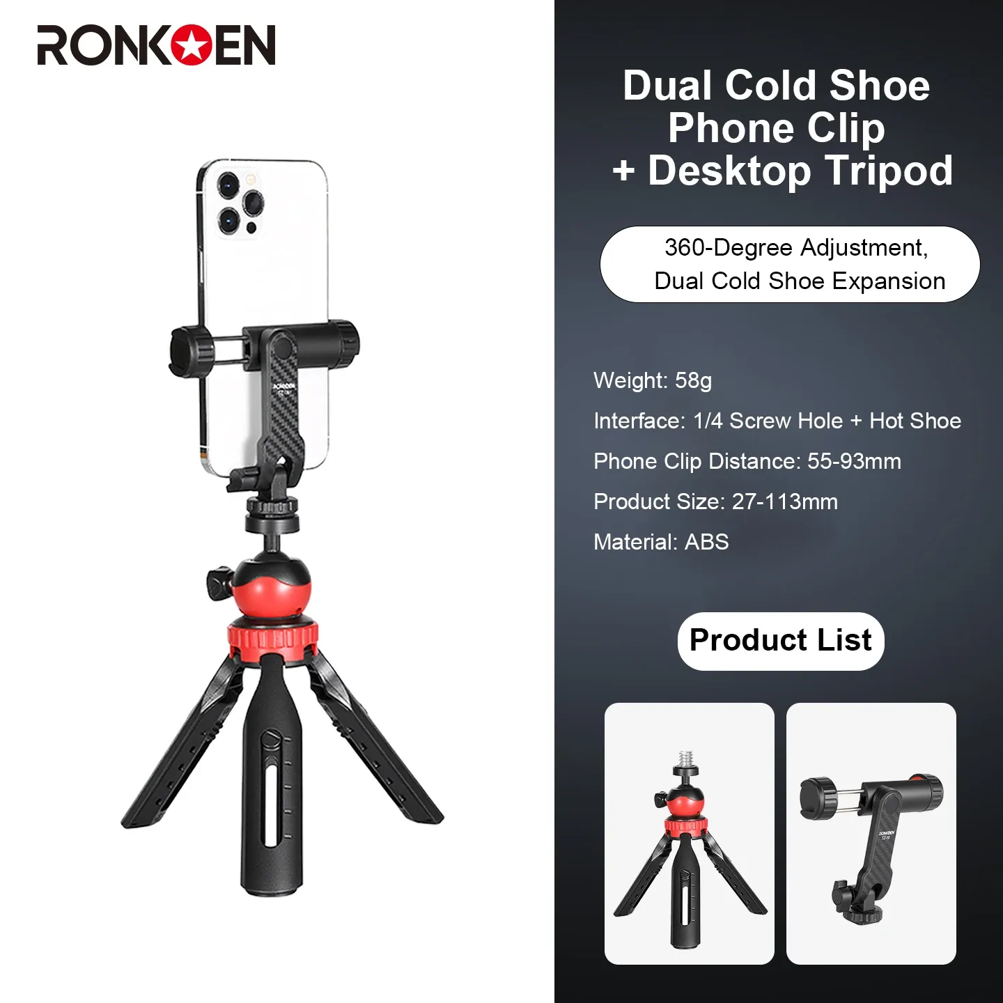 Ronkoen TZ-18 Pince de fixation pour téléphone portable universelle, rotation 360°, compatible Samsung, iPhone et Xiaomi, adaptateur de montage sur trépied à vis 1/4" 10