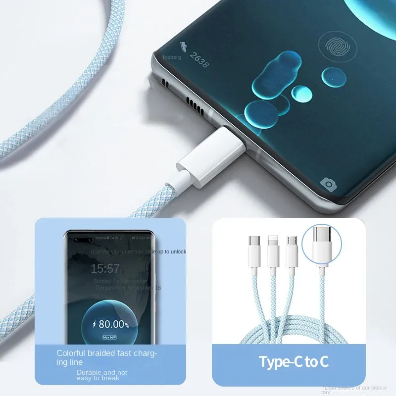 Câble de charge rapide 3 en 1 100 W pour Xiaomi, iPhone, Poco, Micro USB et USB Type-C 5