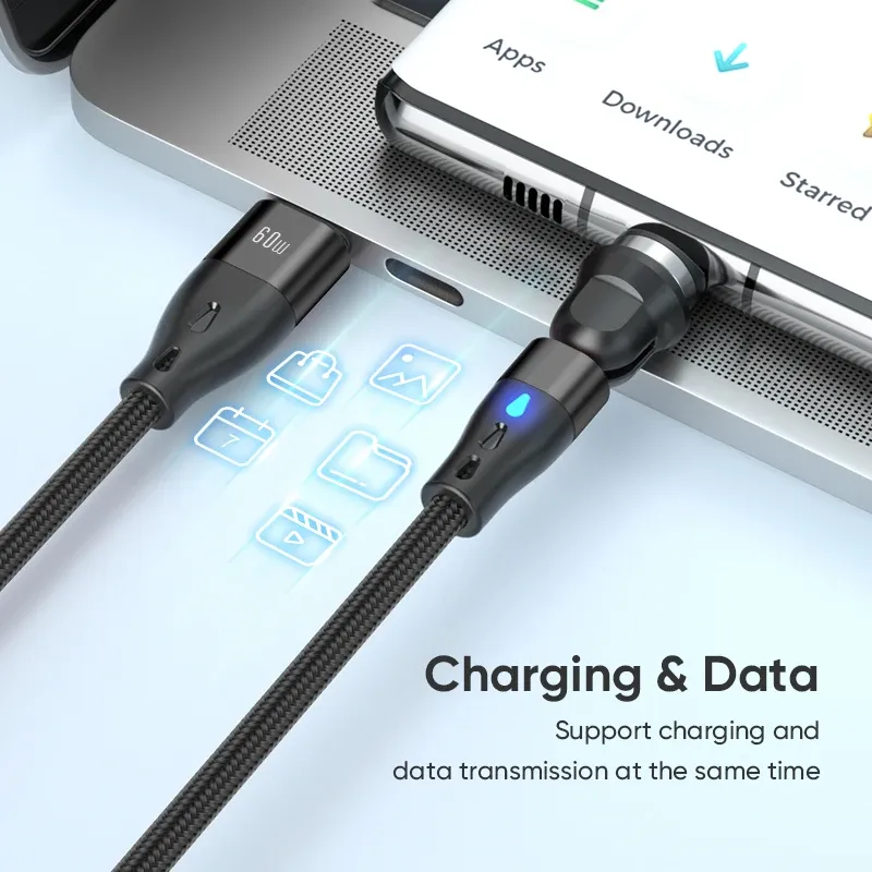 AUFU – Câble magnétique USB-C vers USB-C 60 W PD, charge rapide, pour MacBook, ordinateur portable, iPhone, Samsung, cordon de charge magnétique 2 m 5