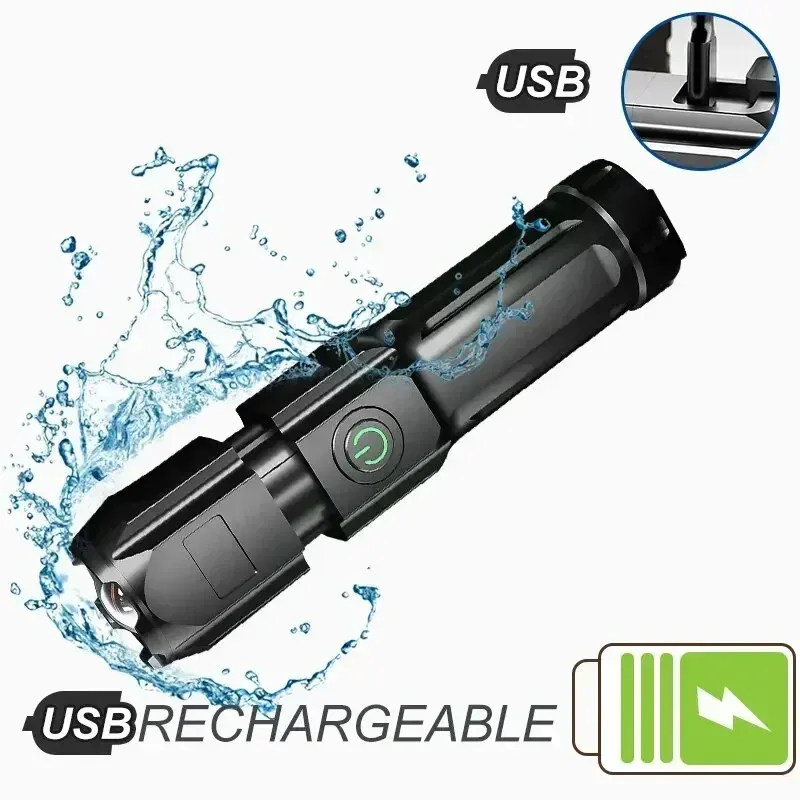Lampe de poche LED puissante rechargeable par USB, batterie lithium intégrée, étanche, zoom, pour la pêche, la chasse et le camping