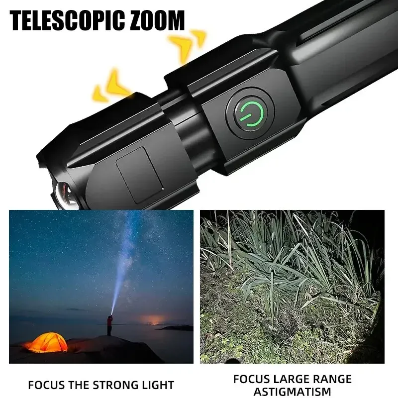 Lampe de poche LED puissante rechargeable par USB, batterie lithium intégrée, étanche, zoom, pour la pêche, la chasse et le camping 2