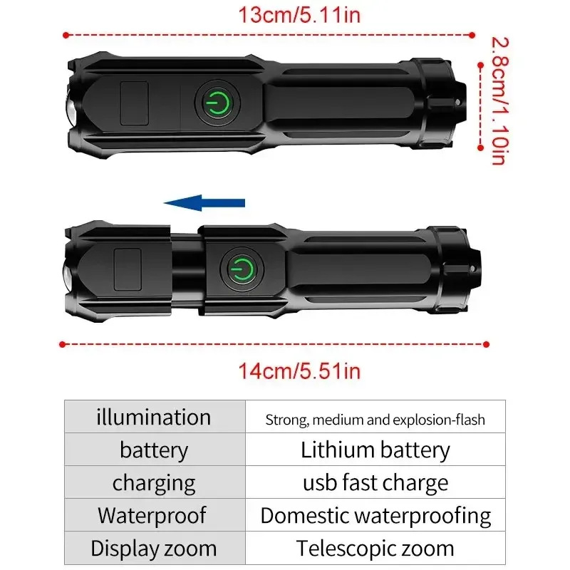 Lampe de poche LED puissante rechargeable par USB, batterie lithium intégrée, étanche, zoom, pour la pêche, la chasse et le camping 5