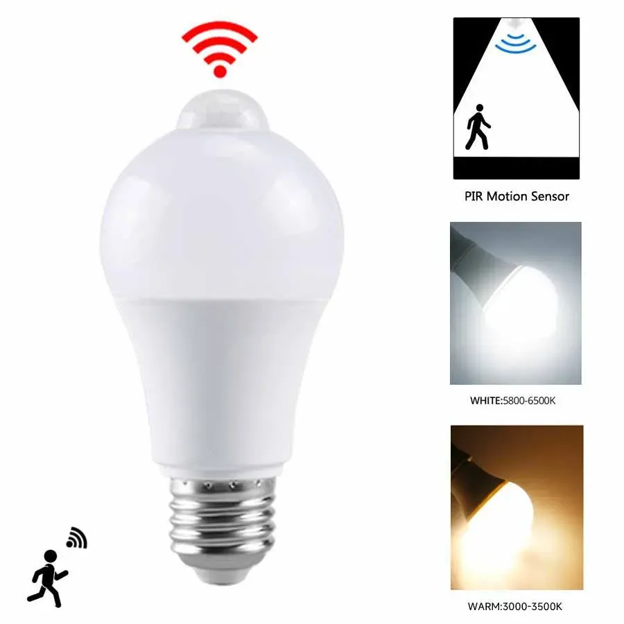 Ampoule LED E27 à détecteur de mouvement PIR, allumage et extinction automatiques, veilleuse pour porche, escaliers et garage, éclairage de sécurité - Image 1