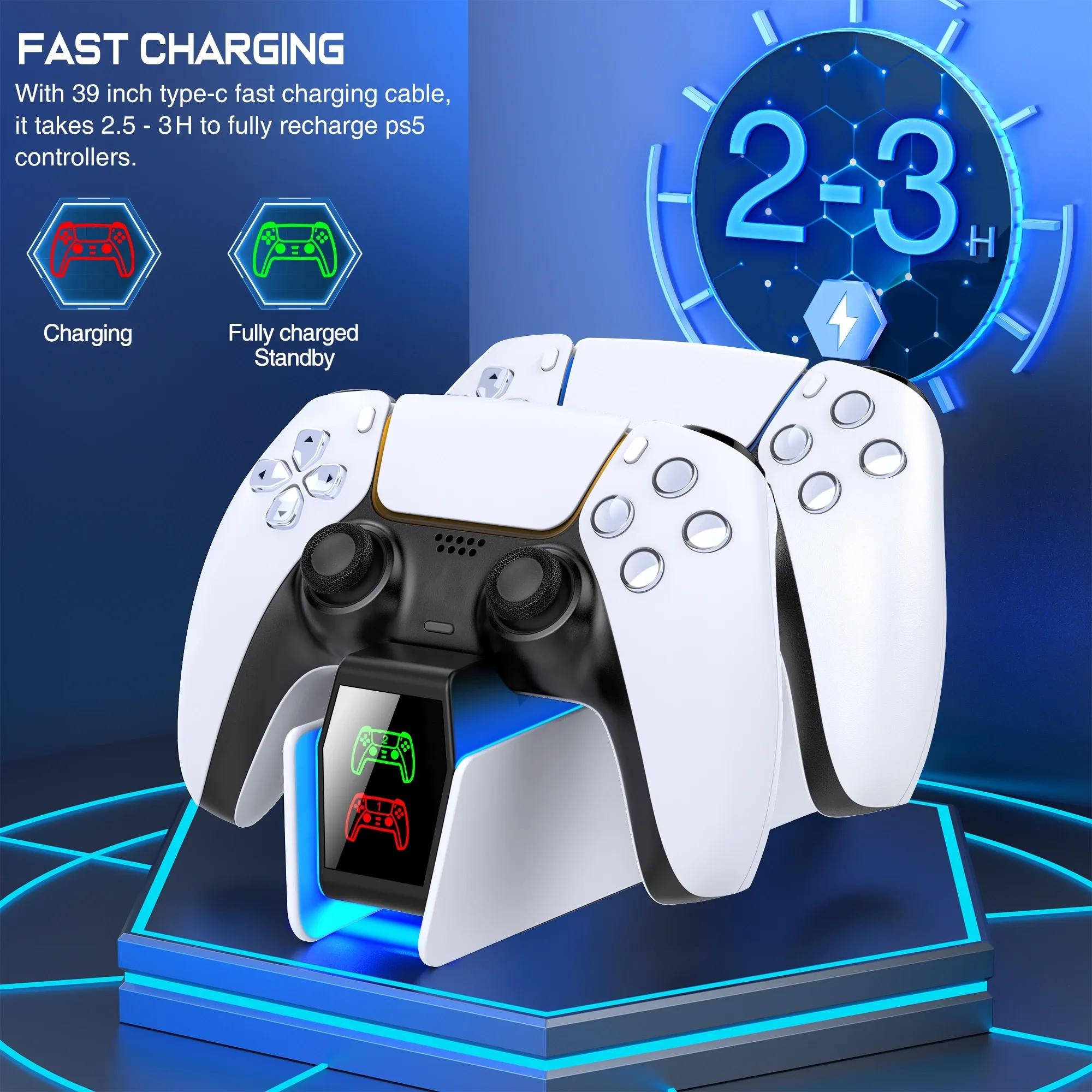 Station de charge pour manettes PS5, chargeur double rapide avec indicateur LED 3