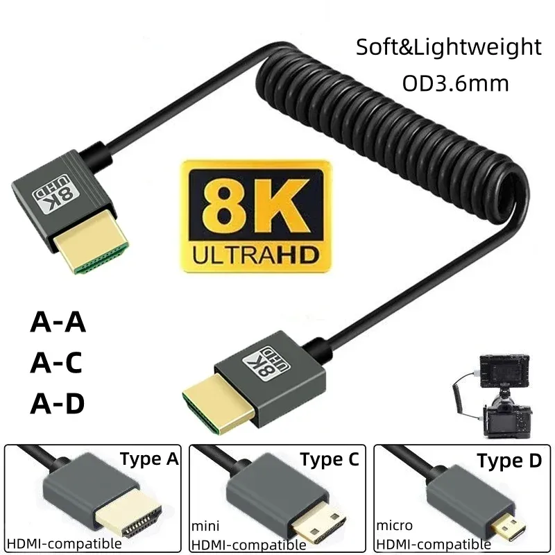 Câble HDMI 8K Ultra Haute Définition haute vitesse, Mini HDMI / Micro HDMI, cordon spiralé pour téléviseur HD, ordinateur portable, PS4, caméra, moniteur DV et écran - Image 1