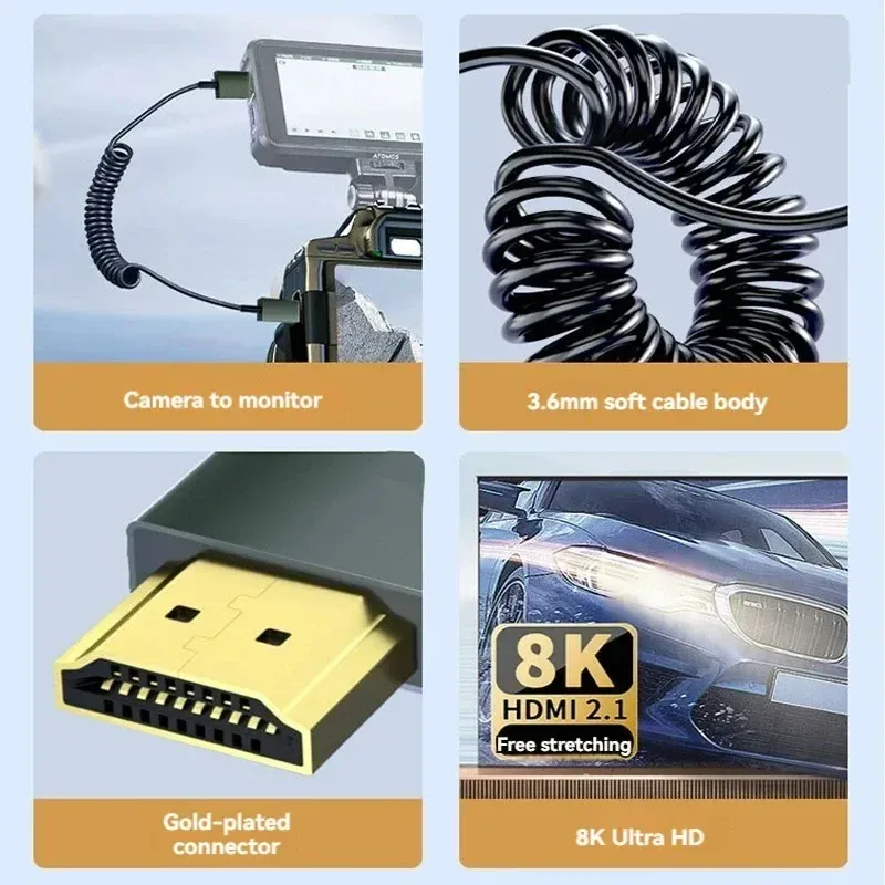 Câble HDMI 8K Ultra Haute Définition haute vitesse, Mini HDMI / Micro HDMI, cordon spiralé pour téléviseur HD, ordinateur portable, PS4, caméra, moniteur DV et écran 2